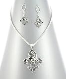 Gorgeous LARGE Antique Silver Jeweled Fleur De Lis Necklace Charm & Earrings Set Antique Silver...