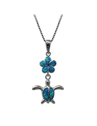 Turtle Necklace Pendant with Flower in Blue Opal and 18" Chain