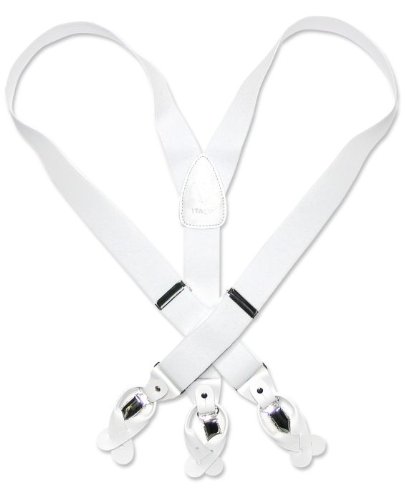 Solid White Leather Suspenders Elastic Y-Back Button & Clip-On Man's