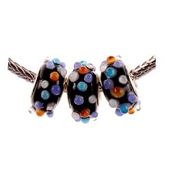 Murano Style Glass Lampwork Bump Bead Fits Pandora Black with Lt Blue, White, and Orange Dots, 14mm (3)