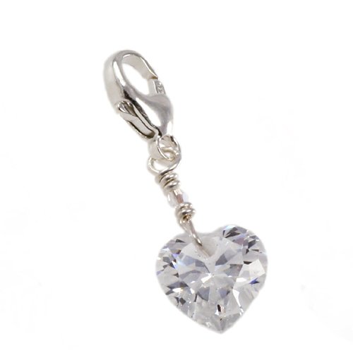 Sterling Silver Cubic Zirconia Heart Charm with Lobster Clasp 10mm
