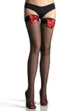 Leg Avenue Sheer Lace Top Thigh Hi W/ Sequin Hearts And Satin Bow 1014(WHITE/RED,One Size)