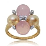 Gold Retro Cocktail Ring w Pearl, Rose Quartz & Diamond