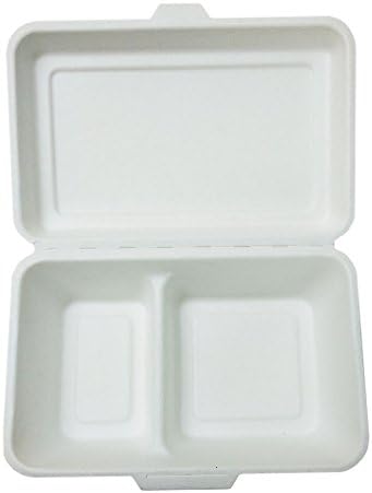 Janerate 25 Count 9.5x6x2.5 Inch Biodegradable Hight Quality Divided Lunch Container Bagasse Clamshell 2 Compartment Disposable Lunch Container