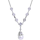 Silver Cubic Zirconia FANCY Synthetic LUSTER PEARL Drop Necklace