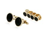 Black Onyx and Gold Plated Cufflink and Stud Set with Presentation Box