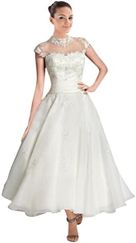 Mollybridal Women's Tea Length Lace Appliques Wedding Dresses Gown White