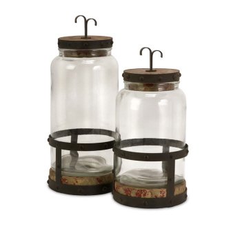 Detail image IMAX Sloan Lidded Canisters Glass Firwood Iron Rustic Style Base Lid