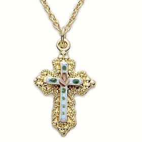 3/4" 14K Gold Filled Filigree Cross Necklace w/ White and Rose Enamel Design on 18" Chain