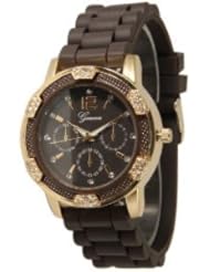 Geneva Brown with Gold Womens Faux Chronograph Silicone Rubber Jelly Watch with CZ Crystal Rhinestones Face Bling Bezel-BrownGold