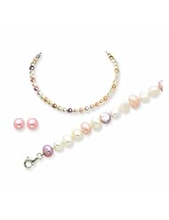 Sterling Silver Multicolor FW Cultured Pearl Earring/Bracelet/Necklace Set