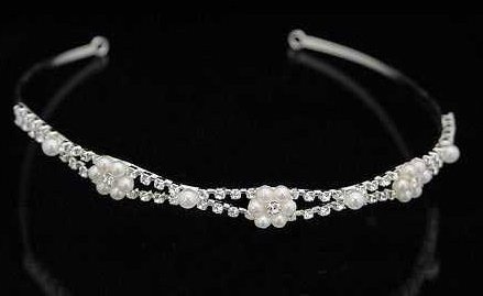 Crystal Head Band with Pearl Floral Accents for Wedding, Prom, Pageant, Quinceañera or Other Special Events.