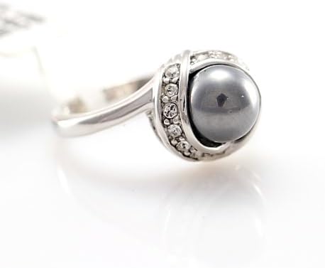 Happy M-Grey Black Pearl 18K White Gold Plated Imported Crystal Ring White Gold Plated Grey Pearl 9