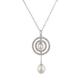 Sterling Silver Cable Chain Double Circle & Double Freshwater Cultured Drop Pearls w/ 1 29/100 cttw White Topaz Pendant, 17+1
