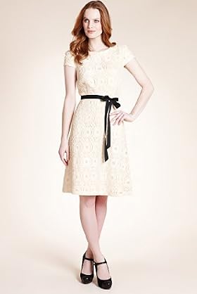Cotton Rich Round Neck Lace Dress with Belt