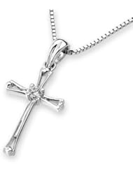 18K White Gold Central Set Round Diamond Gothic Classic Style Cross Pendant Necklace With 925 Silver Chain (0.04 cttw, G-H Color, VS2-SI1 Clarity, 16")