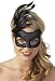 Schwarze Gesichtsmaske mit Pailletten-Verzierung und Federschmuck. Mit Stretch-Kopfband. 100% 
Polyester. .