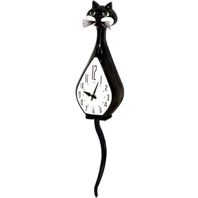 Simone Animated Cat Kitten Black Pendulum Wall Clock