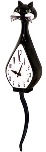 Simone Animated Cat Kitten Black Pendulum Wall Clock