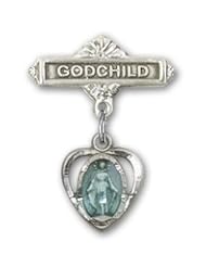 Sterling Silver Baby Badge with Blue Heart/Miraculous Charm and Godchild Badge Pin