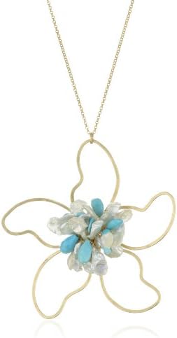 Devon Leigh "Power of Pearls" Pearl and Sleeping Beauty Turquoise 14K Gold Fill Flower Pendant Necklace