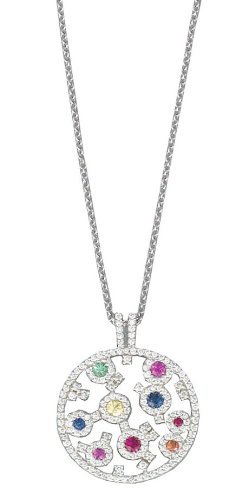 14K White Gold Hand-Crafted Round-Shaped Designer Pendant, Enhanced with Pave Set Diamonds and Precious Stones, Sliding on a 16'' Cable-Chain Necklace.(GH-COlor, SI-Clarity, c.t.t.w.0.70CT, Precious Stones 1.22CT).