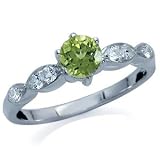 Natural Peridot & White Topaz 925 Sterling Silver Engagement Ring