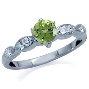 Natural Peridot & White Topaz 925 Sterling Silver Engagement Ring