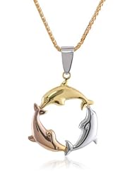14k Tri Color Bonded Gold and Silver Dolphin Pendant Necklace, 16"