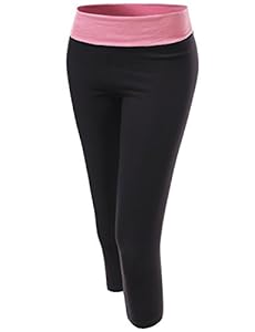 Basic 3/4 Foldover Contrast Waistband Workout Yoga Pants Pink Black Size L