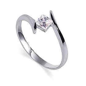.925 Silver Band Princess Cut Clear Cubic Zirconia Solitaire Slim Promise Ring