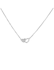 14K White Gold High Polish Double CZ Hearts Design Charm Pendant Necklace with Spring-ring Clasp - 17" Inches