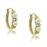 Yellow Gold Hoop Earrings w/ White Pearls and Diamonds