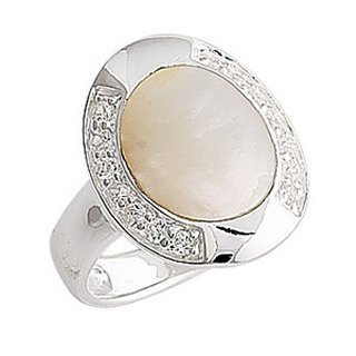 Sterling Silver CZ and Mother of Pearl Ring - Band Width 3mm. Setting 20mm x 18mm.