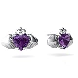 14K White Gold Heart Genuine Amethyst Celtic Claddagh Earrings