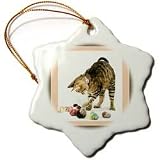 A Cat with Toys - 3 Inch Snowflake Porcelain Ornament
