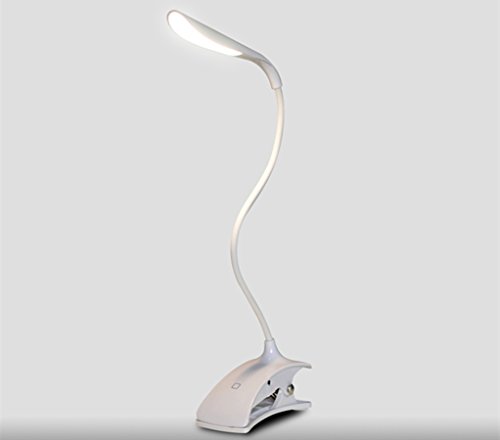 JasGood 3W 14 Led Portable Flexible Gooseneck Tube Clip Desk Lamp With USB Rechargeable Dimmable Touch Sensitive Switch 3 Brightness Levels LED Desk Lamp Reading Study Bedside Lamp Light EM021-White