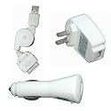 BRAND NEW All-in-1 charger kits for Apple iPhone; iPod 3G/4G, Photo, Video, Mini, Nano and Nano 2. Including: USB AC power adapter, USB car power charger, and retractable USB charger and data sync Cable are all in one combo pack. Color is white.
