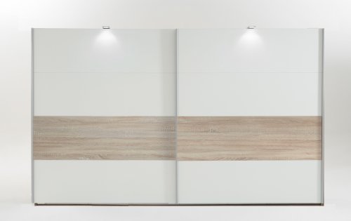 2-trg. Schwebetürenschrank in Alpinweiß mit Abs. in Eiche sägerau-Nachbildung, mit 3 Einlegeböden und 3 Kleiderstangen, Maße: B/H/T ca. 270/210/65 cm