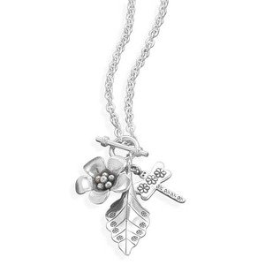 Dragonfly, Flower, Leaf Charm Toggle Necklace Sterling Silver