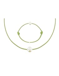 Les Poulettes Jewels - Necklace and Bracelet Set White Pearl 8-9 mm with Green Color Wax Cord