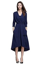 V-neck Asymmetric Long Sleeves Elasticized   Waistline Maxi Dress 