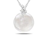 10k White Gold 1/7 CT TDW Diamond FW White Pearl Fashion Pendant With Chain (G-H, I2-I3)