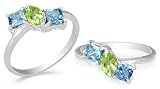 Oval Peridot & Princess London Blue Topaz Three Stone Ring Sterling Silver Size 8