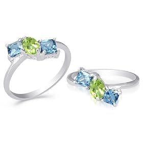 Oval Peridot and Princess London Blue Topaz Three Stone Ring Sterling Silver... by Peora
