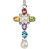 14k White Gold Gemstones and Pearl Cross Pendant