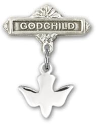 Sterling Silver Baby Badge with Holy Spirit Charm and Godchild Badge Pin