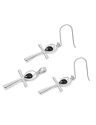 BLACK ONYX ANKU CROSS, Sterling Silver Rim Earrings and Pendant Jewelry Set