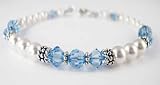 March Aquamarine Birthstone Swarovski Crystal Silver Beaded Bracelets/White Pearl Bracelets