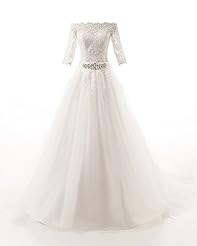 Off the Shoulder Elbow Length Sleeves General Print Satin/Tulle Lace Wedding Dress 